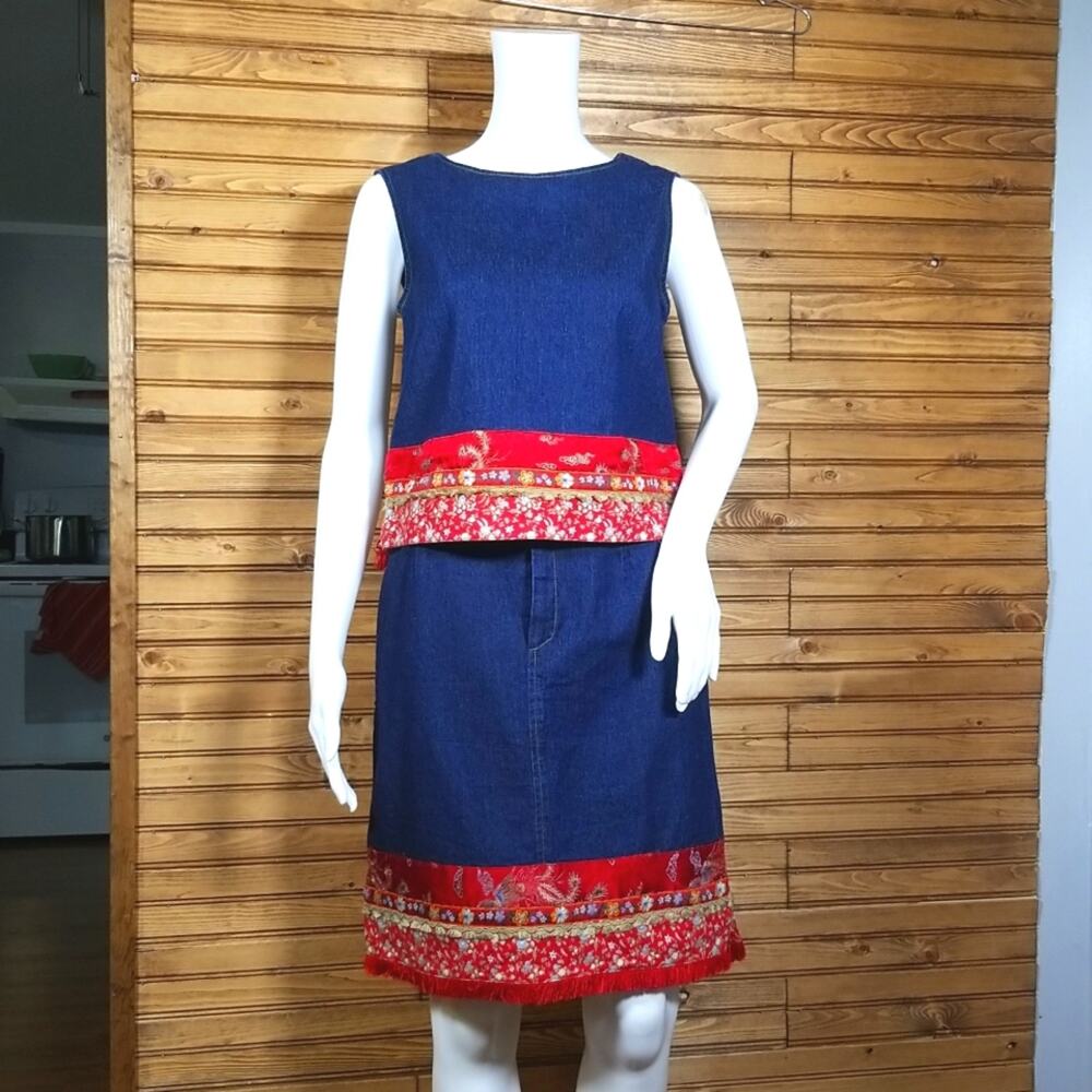 F. l. Malik Denim Outfit Top and Skirt Red Accents Embroidery Size Small